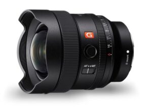 Objetivo Sony FE 14mm f/1.8 GM frontal, diseño compacto de la gama G Master